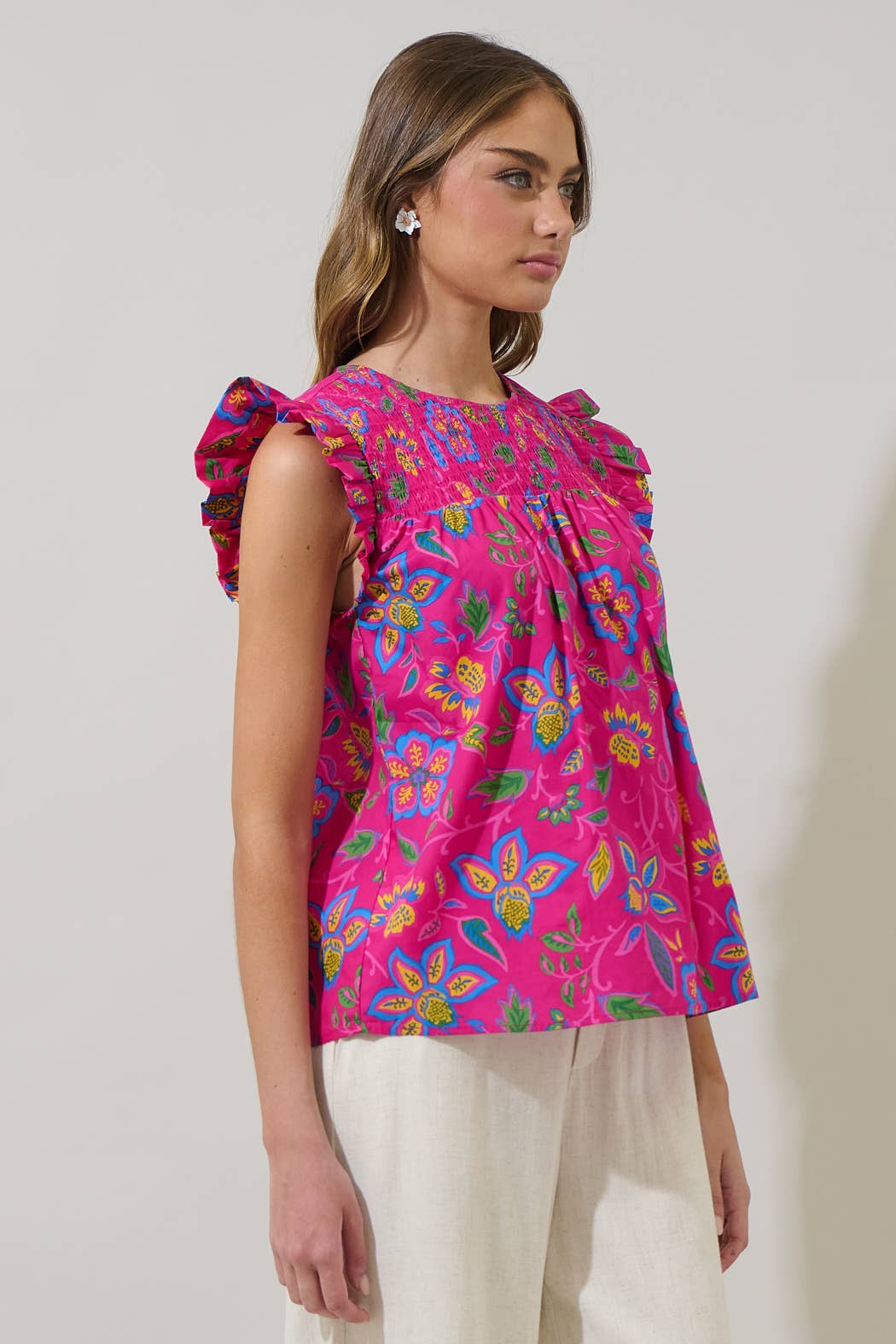 MAGENTA MULT Signy Floral Tisha Ruffle Top for wholesale on Faire2
