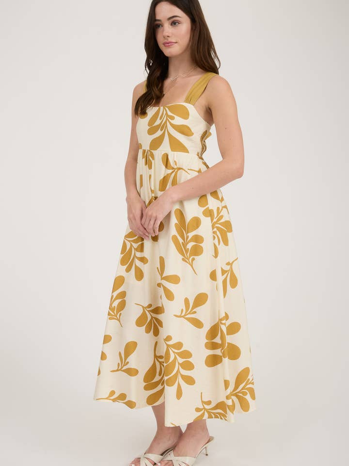 Blu Pepper - Wholesale Dress - Women's - LEAF PRINT BACK TIE STRAP EMPIRE WAIST MIDI DRESS