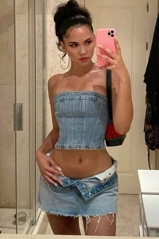 BLUE denim bustier tube top for wholesale on Faire0