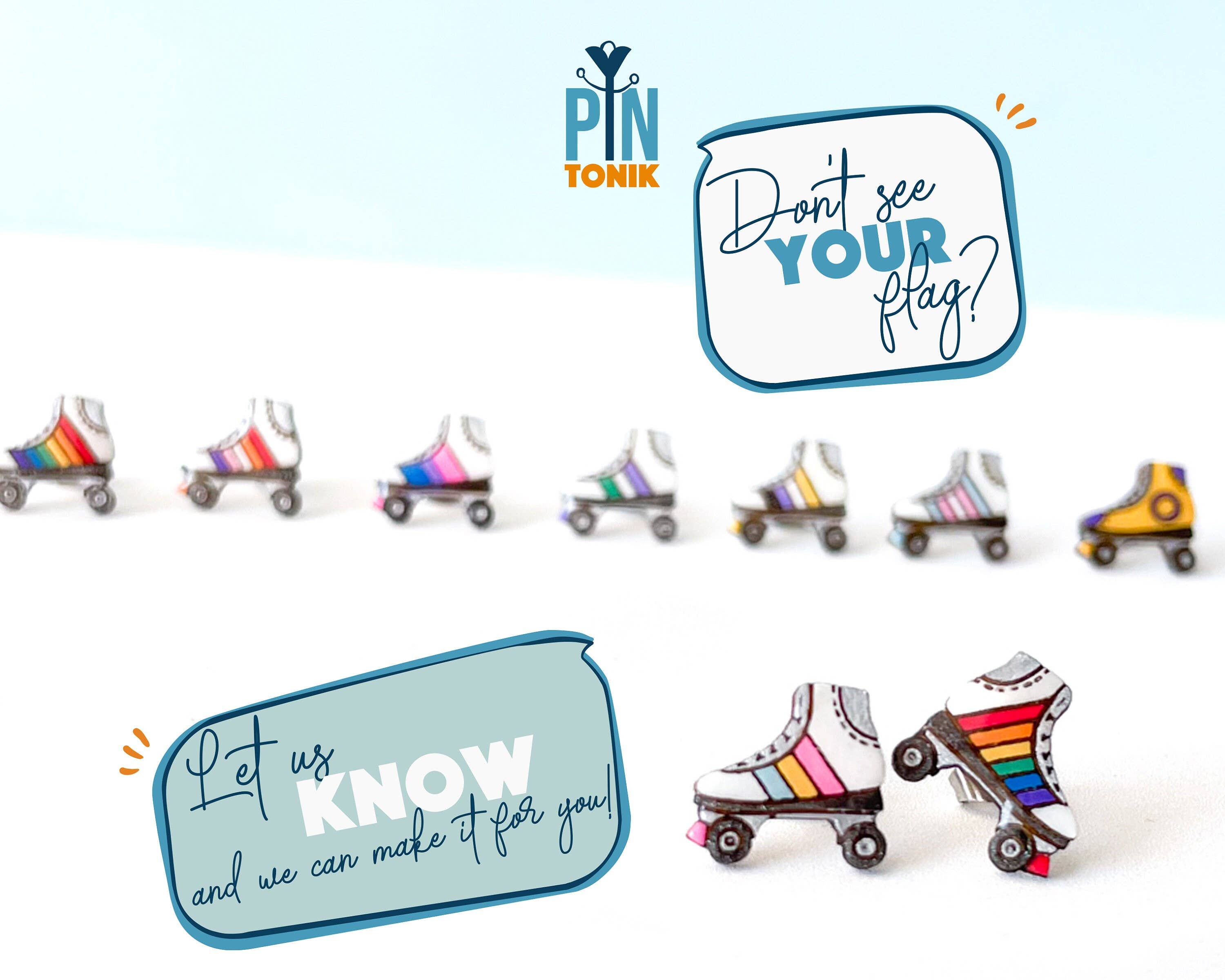 PinTonik - Wholesale Stud/Post Earrings - Retro Roller Skate Pride Flag Wood & Stainless Earrings2