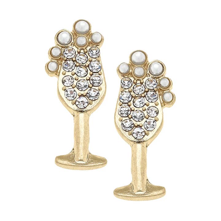 Glass of Bubbly Pave Stud Earrings in Shiny Gold for wholesale by Canvas Style