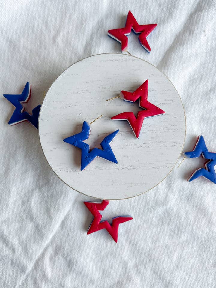 Stars & Stripes, Red, White, & Blue Star Clay Earrings for wholesale by Morning Dew Designs