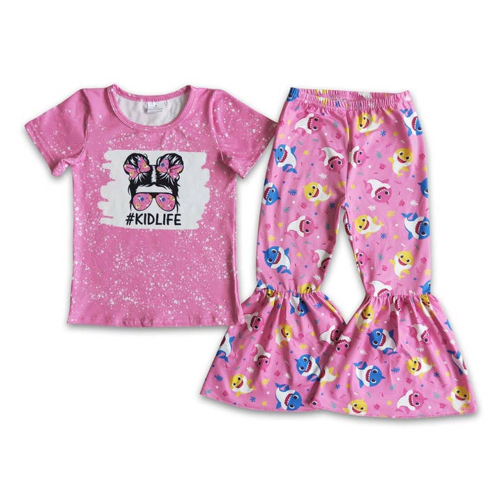 Kid life bleached shirt shark bell bottom pants outfits for wholesale by Yawoo Garments