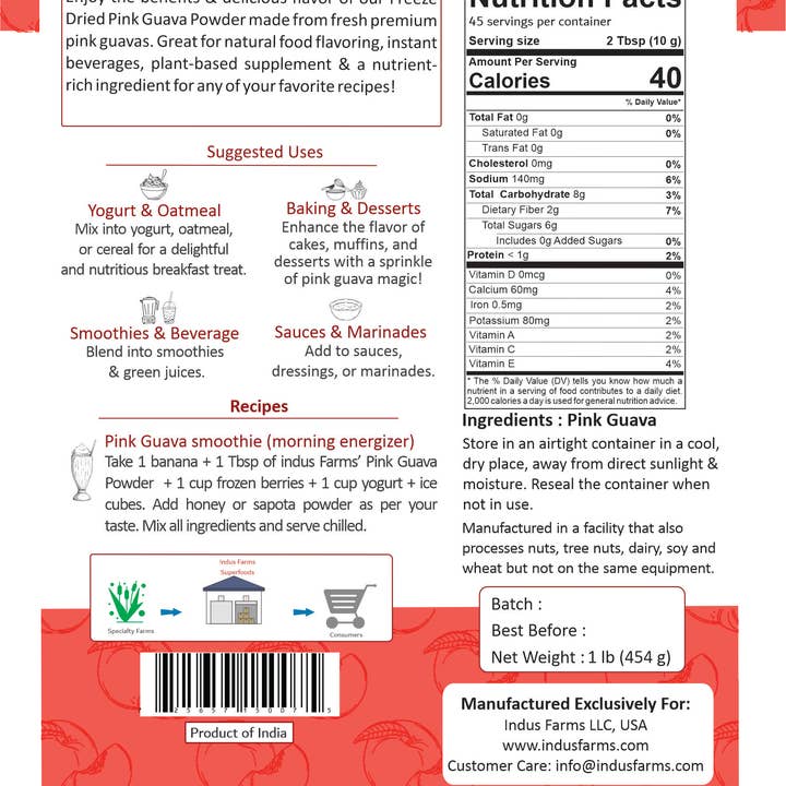 indus farms superfoods - Wholesale Protein/Superfood Powder - 100% Pure Freeze Dried Pink Guava Fruit Powder, No Additives