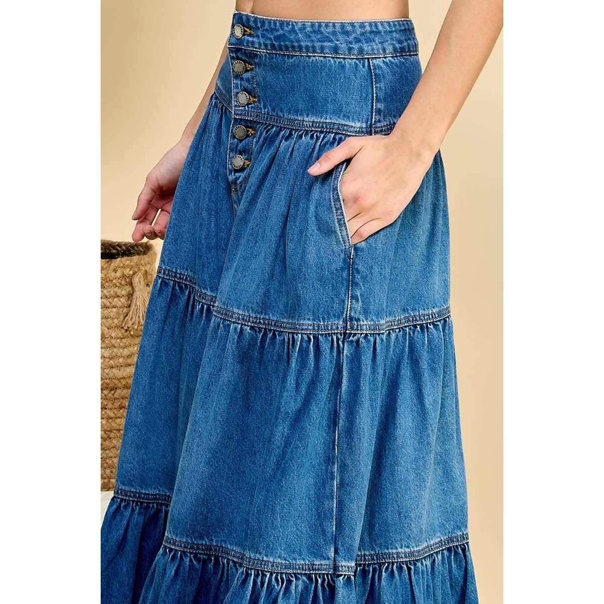 Med Wash Front Button 3 tiered Denim Skirt for wholesale on Faire7