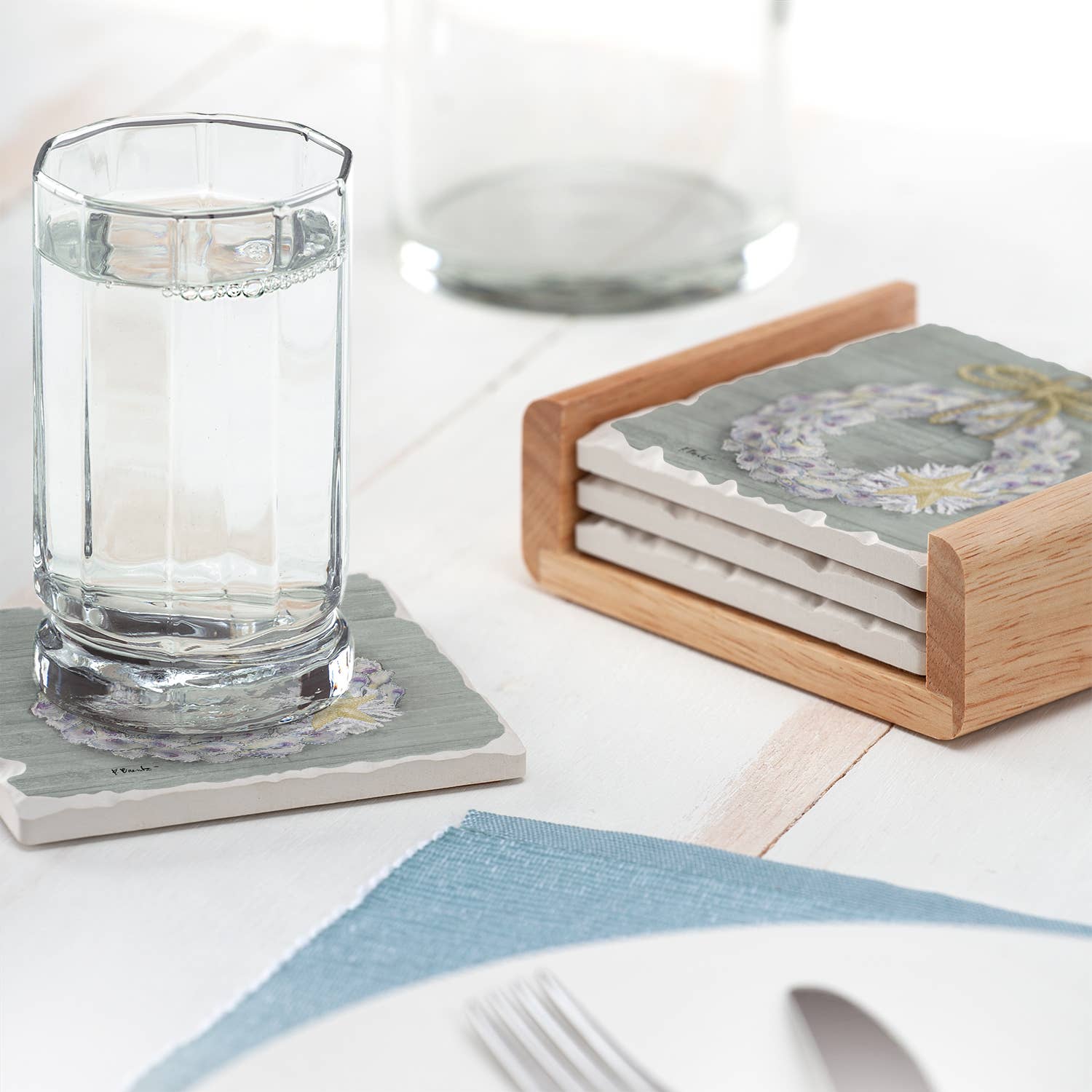 Conimar Promotions - Wholesale Coasters - Oyster Wreath 4 Pack Stone Coasters in Wooden Holder  2