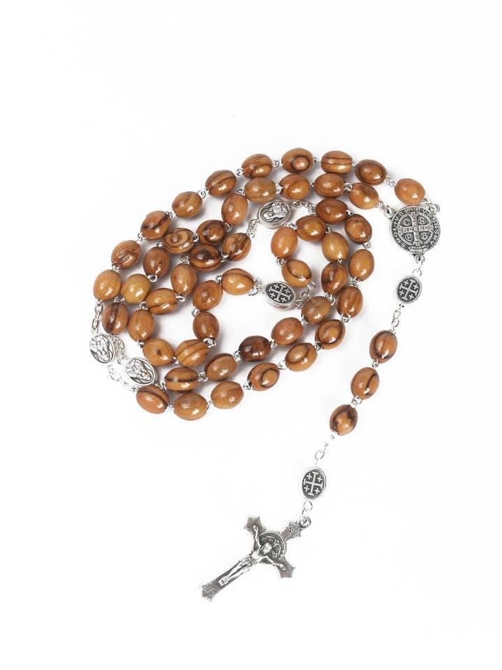 Terço de Madeira de Oliveira_ São Bento por atacado de Holyland Artisans