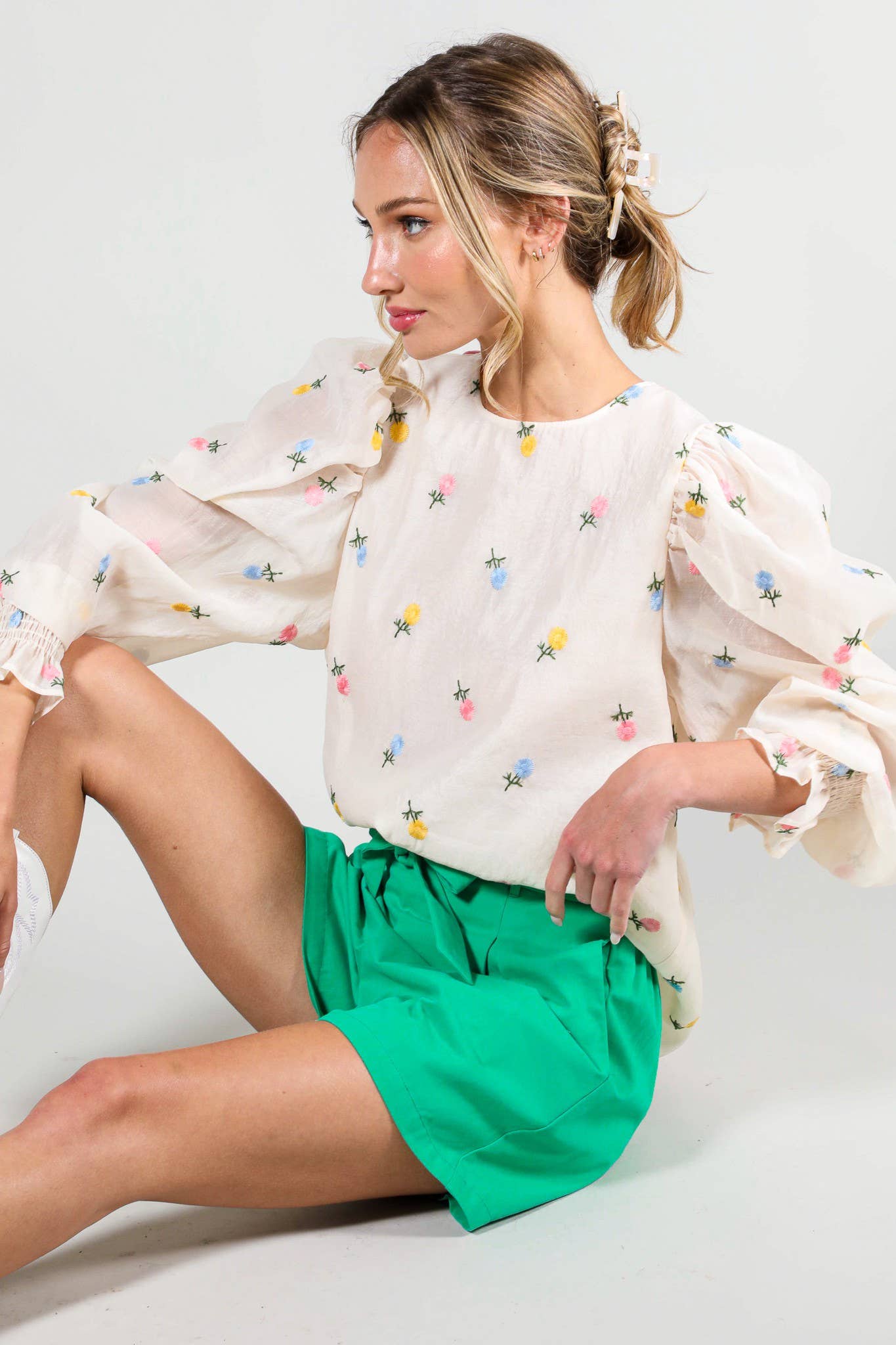 Vine & Love - Wholesale Blouse - Women's - Embroidered Long Puff Organza Blouse Top VT60375A9