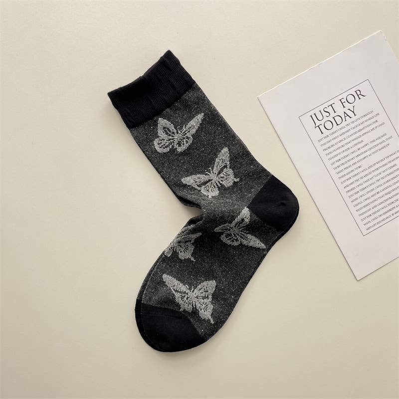 Tourtiwi – wholesale Socks – Women's – Artful Grey Crew Socks - Bird, Butterfly & Botanical Motifs0