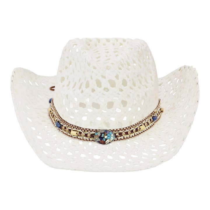 Cap Zone – wholesale Cowboy Hat – Women’s – Gemstone Band Coastal Crochet Fishnet Cowboy Hat5