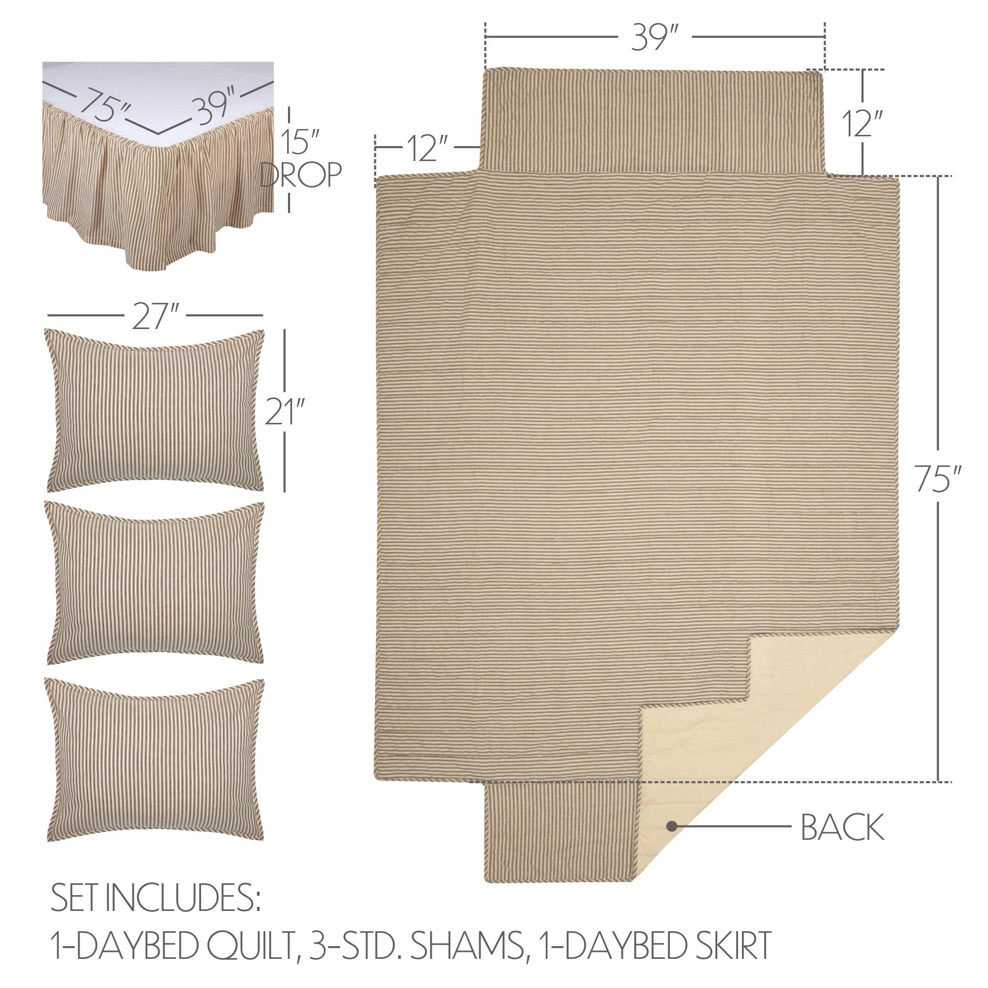 VHC Brands - Wholesale Bedding Set - Sawyer Mill Charcoal Ticking Stripe 5pc Daybed Quilt Set (1 Quilt, 1 Bed Skirt, 3 Standard Shams)5