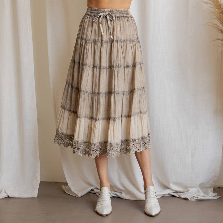 Mineral Wash Tiered Midi Skirt with Crochet Lace Trim on Hem for wholesale by Young Threads