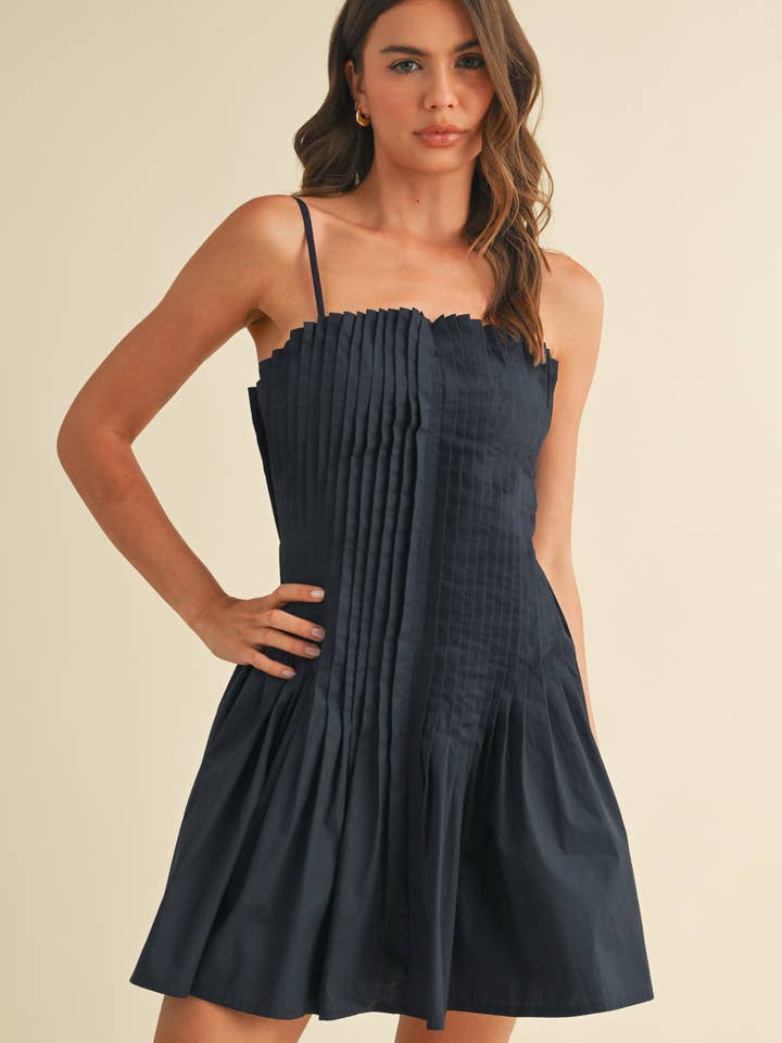 ID9228 SLEEVELESS PLEATED DEATAIL FLARED MINI DRESS for wholesale by Klesis