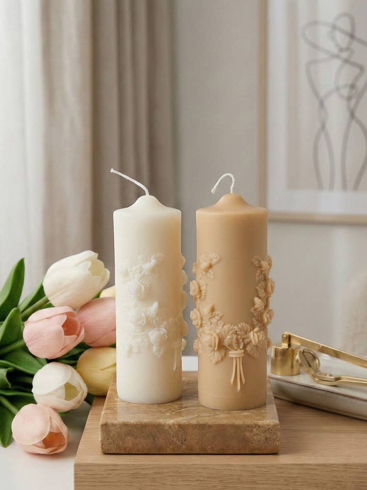 Floral Pillar Scented Candle | Handmade Home Decor for wholesale by Crazy About Candles