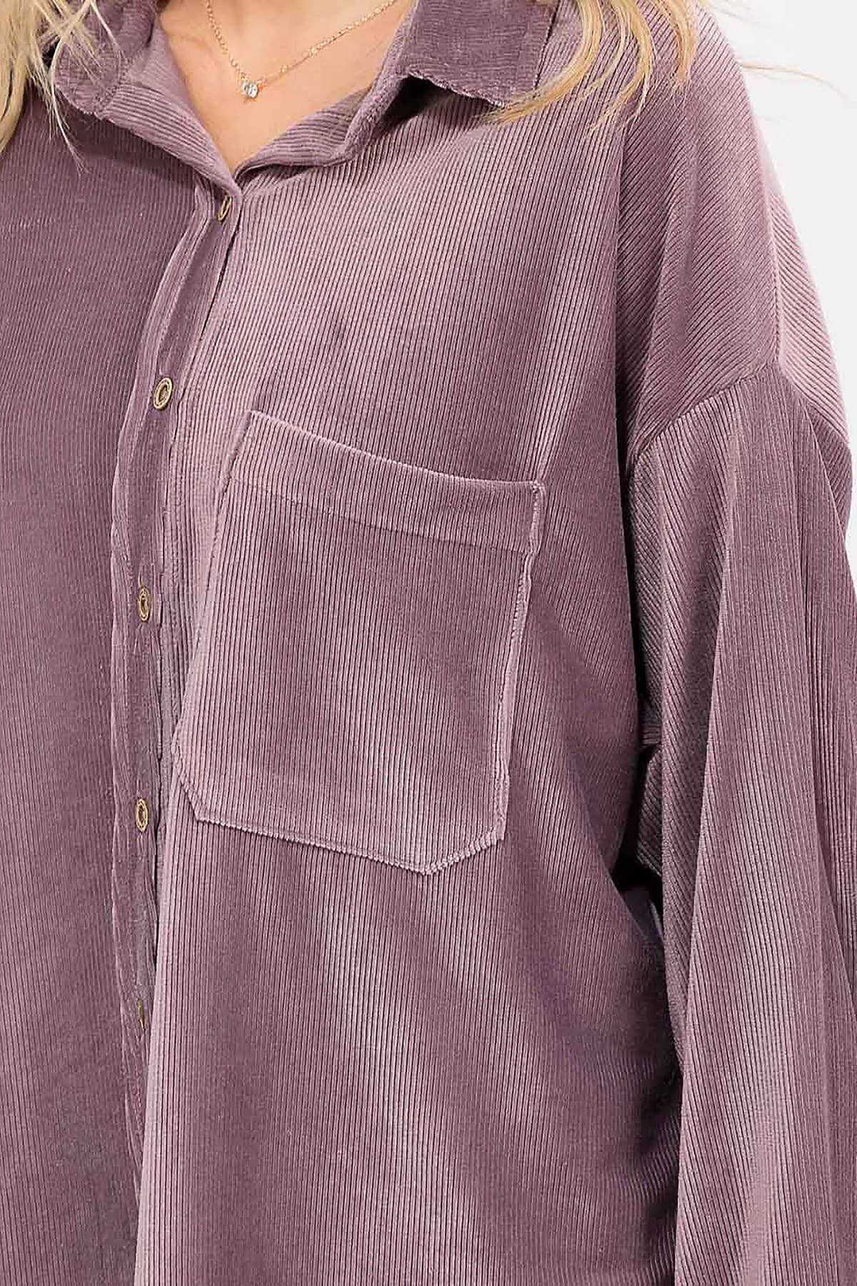 ROUSSEAU - Wholesale Button Down Shirt - Women's - OVERSIZED CORDUROY BUTTON DOWN POCKET FRONT TOP20