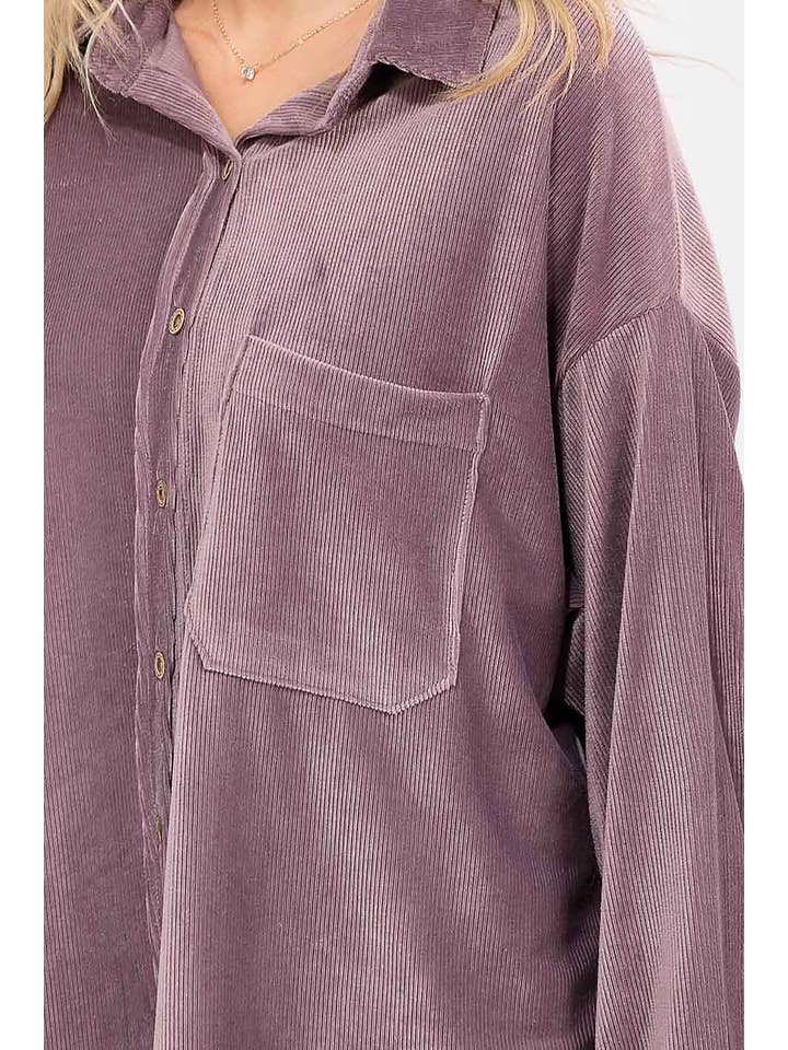 ROUSSEAU - Wholesale Button Down Shirt - Women's - OVERSIZED CORDUROY BUTTON DOWN POCKET FRONT TOP20
