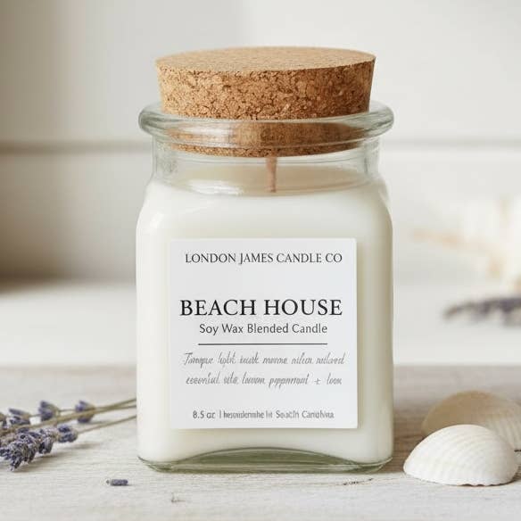 8 oz. apoteker sojalyseglas, med duft af strand for engroshandel hos London James Candle Co