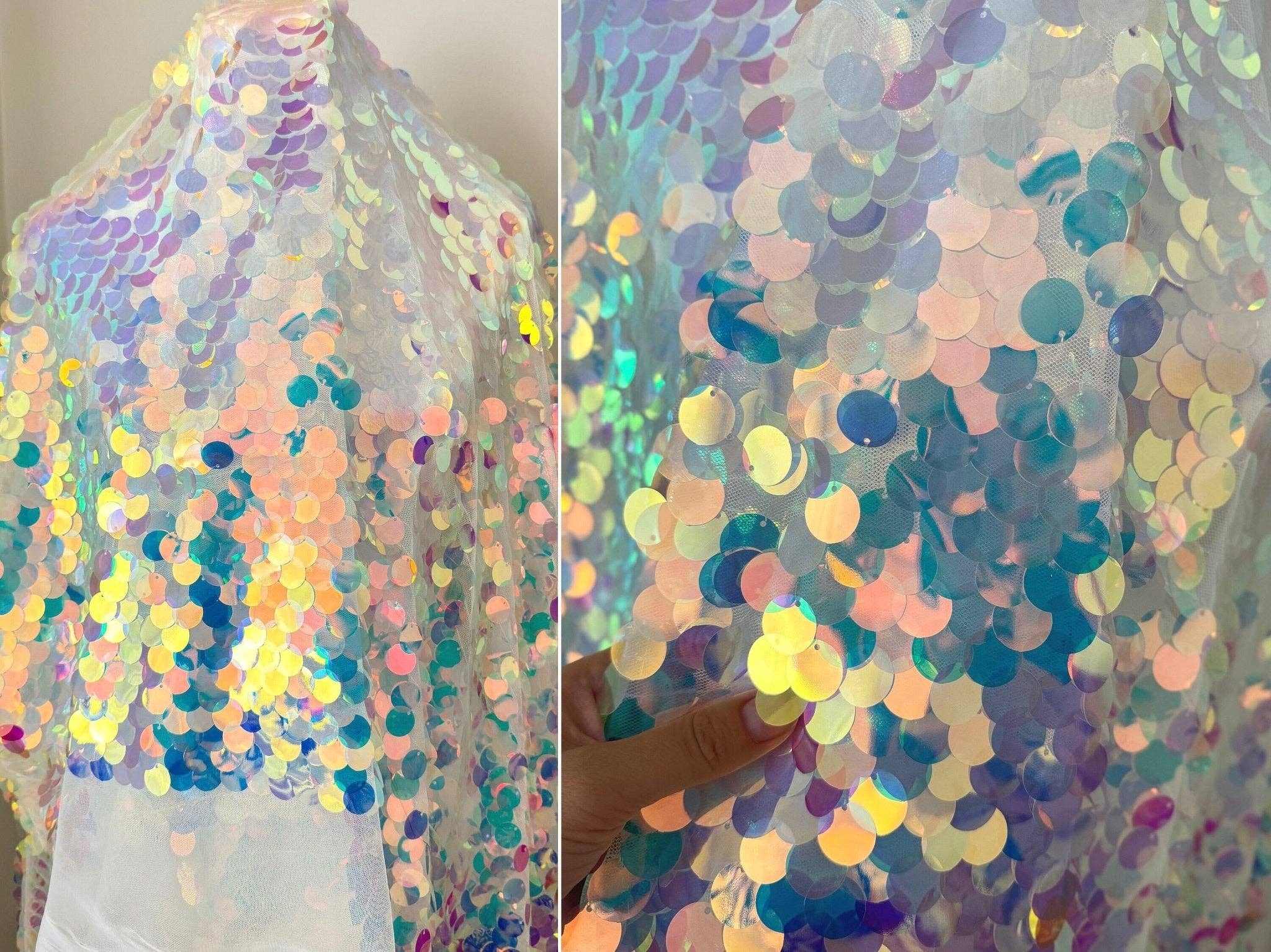 GalaTextile - Wholesale Fabric - Iridescent Coin Sequin on White Mesh Fabric by Yard Jumbo Paillette Sequins on Mesh Material for Event Decoration, Backdrops, Bridal Fabric4