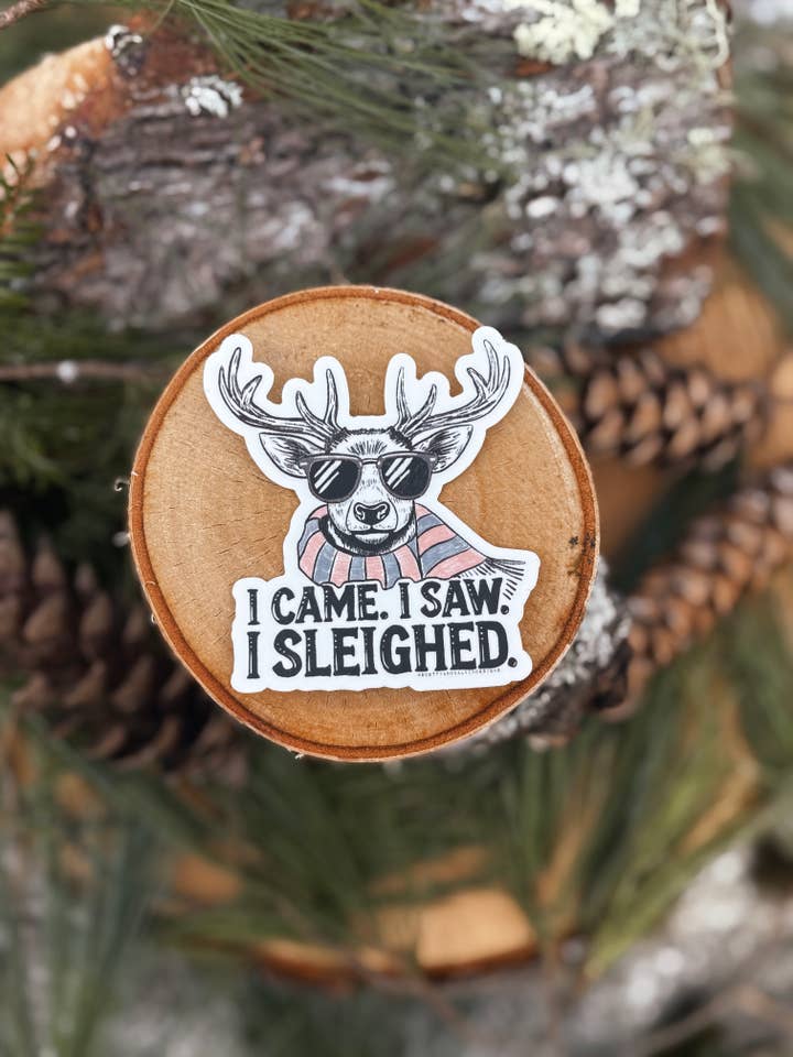I Came. I Saw. I Sleighed. Reindeer Weatherproof Sticker for wholesale by Scotty + Calvin Designs
