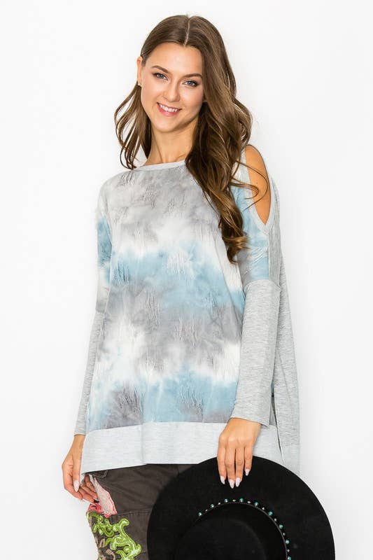 Blue 10702L507 - UNBALANCED COLD SHOULDER TIE DYE TOP for wholesale on Faire2