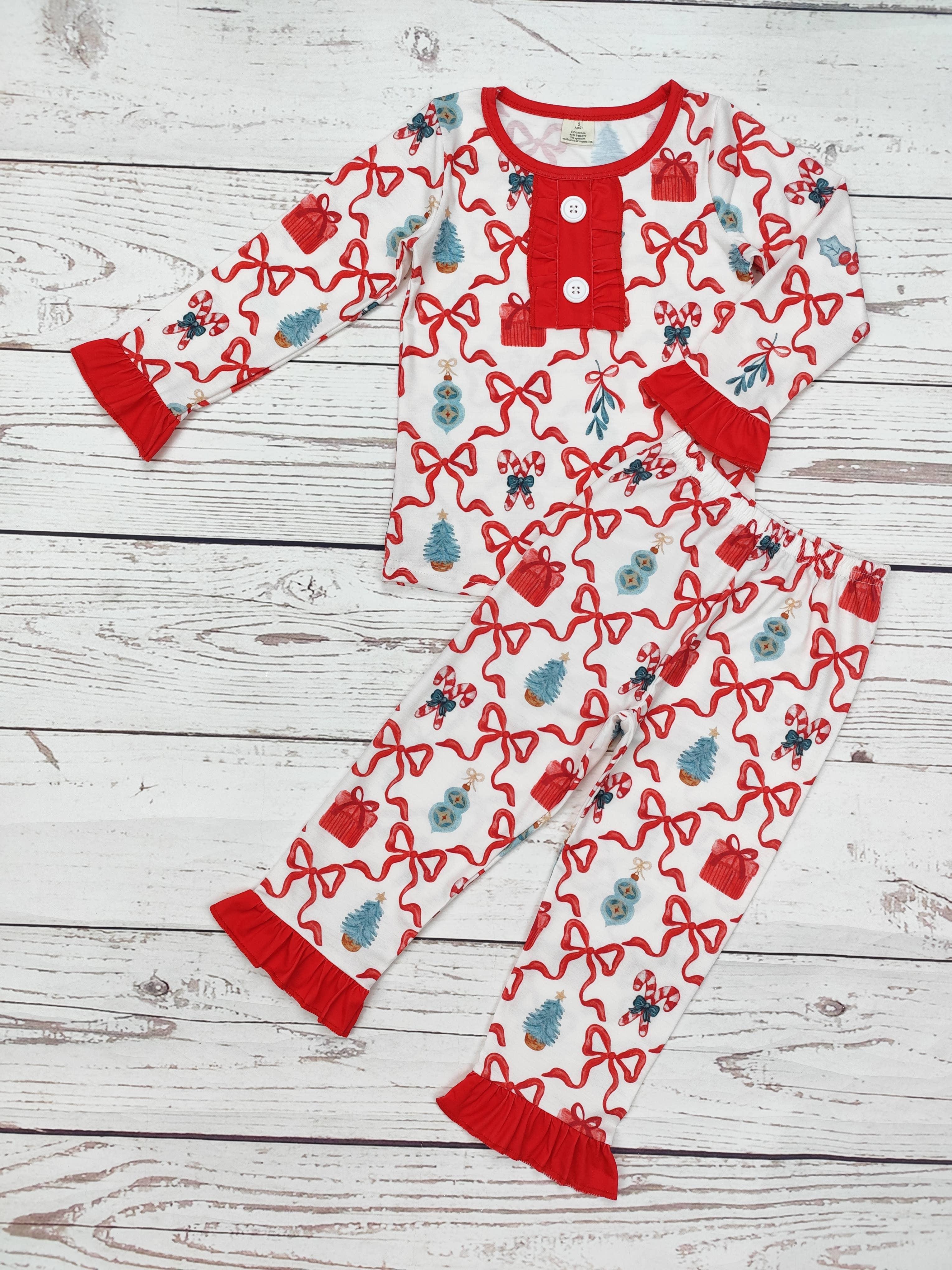 sassy kids palace - Wholesale Sleepwear Set - Kids - Girls Bow Print Christmas Sleepwear1
