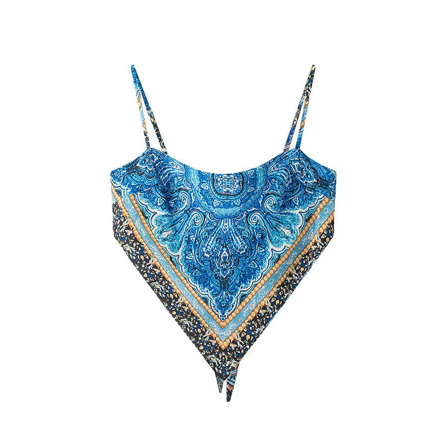 Rosa Clothing - Wholesale Camisole - Women's - Silk Vintage Print Backless Lace-Up Cropped Camisole Top5