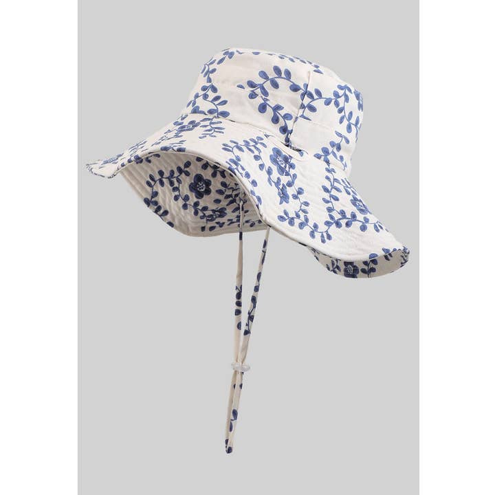 BLAUE BLUMEN-LEINWAND-BUCKETHUT MIT KINNRIEMEN für den Großhandel von Girly