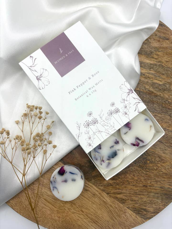Pink Pepper & Rose Botanical Wax Melts, Boxed, 90g for wholesale by Beatrice & Lilly