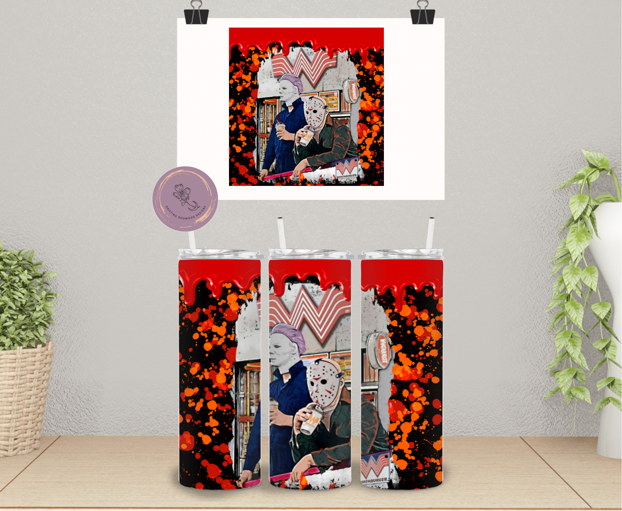 Drifting Dogwood Designs - Wholesale Insulated Mug/Tumbler - Whataburger Horror Movie Characters Tumbler (Michael & Jason)1