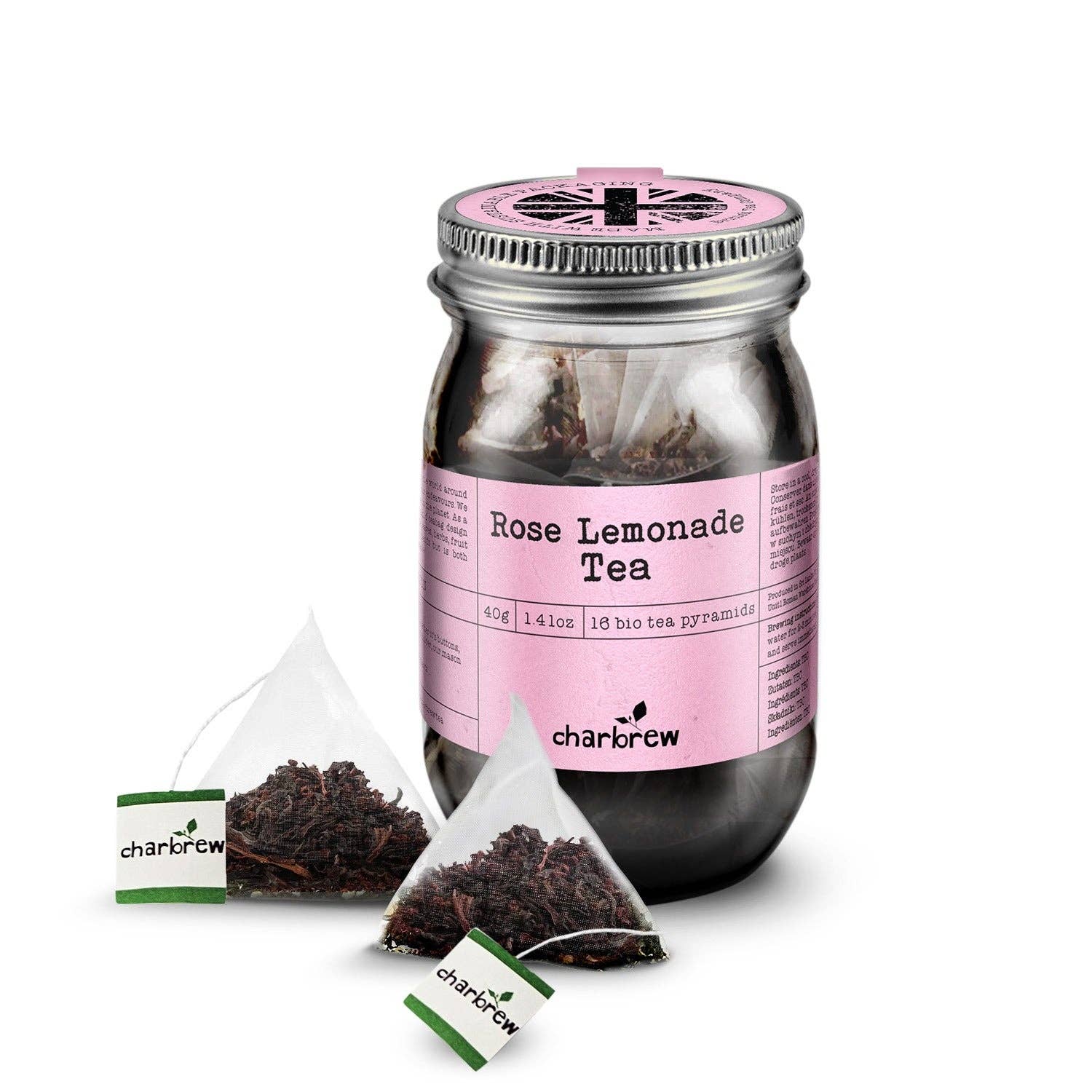 Charbrew Tea & Coffee – wholesale Tea bags – Rose Lemonade Tea Bags Mason Jar - 16 Biodegradable Pyramid Bags0