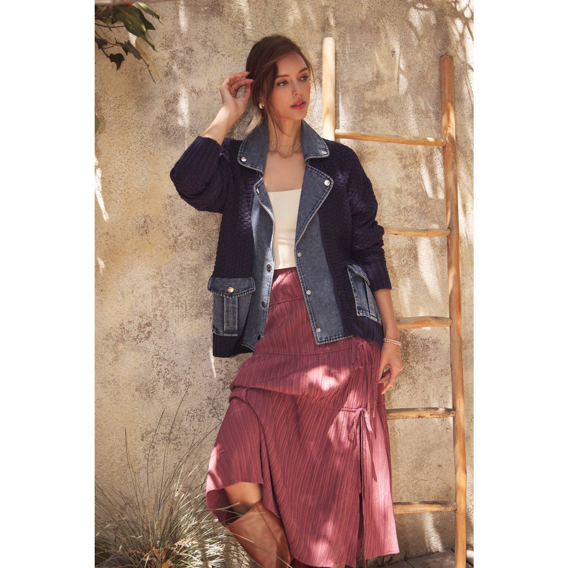 in february - Wholesale Cardigan - Women's - WASHED DENIM AND SWEATER MIXED OVERSIZED CARDIGAN3