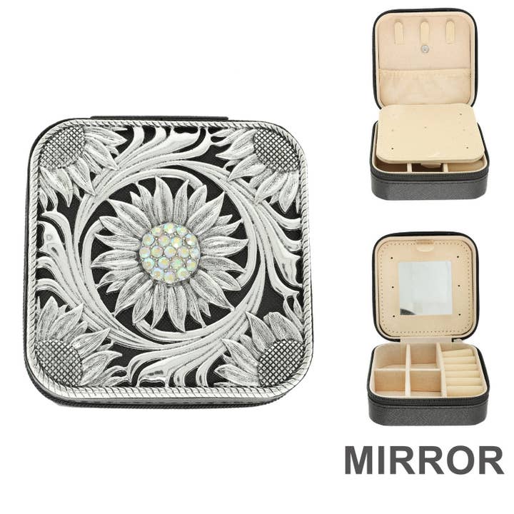SP Sophia Collection - Wholesale Jewelry Box/Organizer - Crystal Embellished Sunflower Metal Plate Travel Jewelry Box