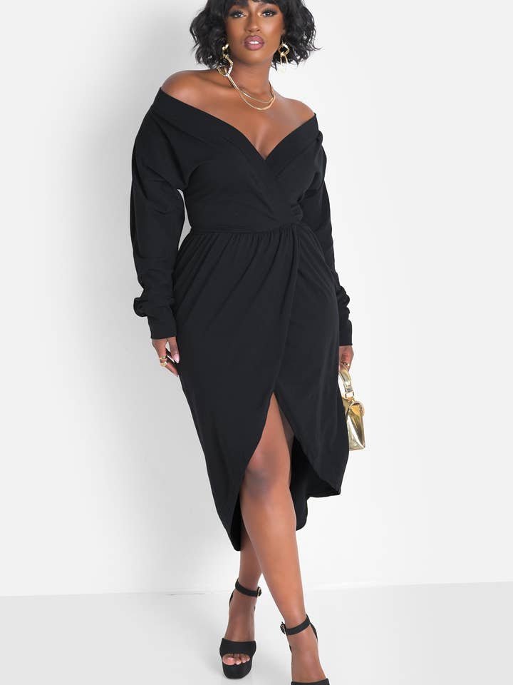 Onyx Over The Shoulder Draped Midi Dress for wholesale by REBDOLLS