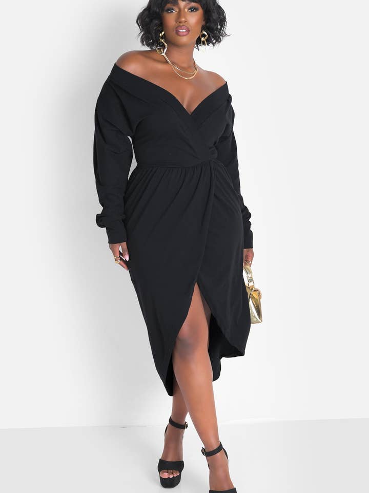 Onyx Over The Shoulder Draped Midi Dress for wholesale by REBDOLLS