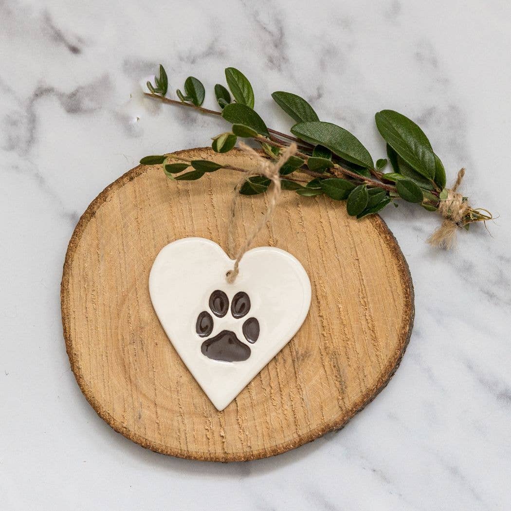Broadlands Pottery - Wholesale Ornament - Tags - Paw Print - Handmade ceramic tag heart