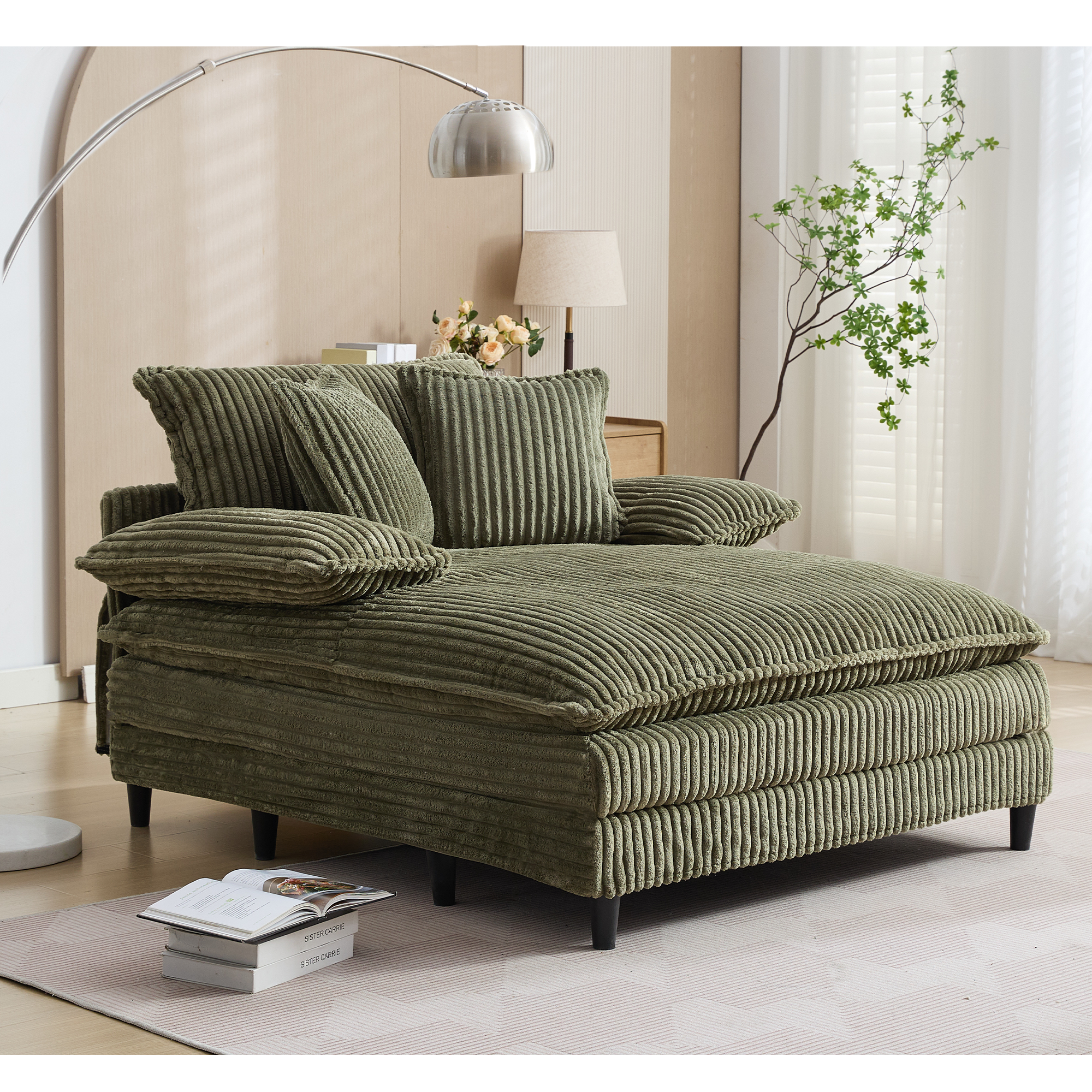 39F Inc. - Wholesale Sofa - NEW 54.75" Green Corduroy Chaise Lounge - 4 Gears, 2 Pillows1