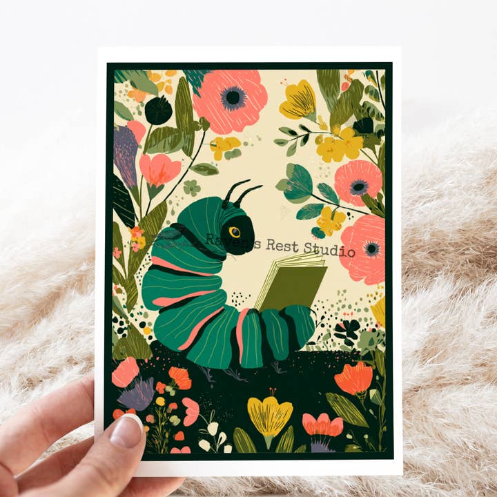 Everyday Greeting Card. Caterpillar Reading With Florals 2. for wholesale by Cheerful Whimsies