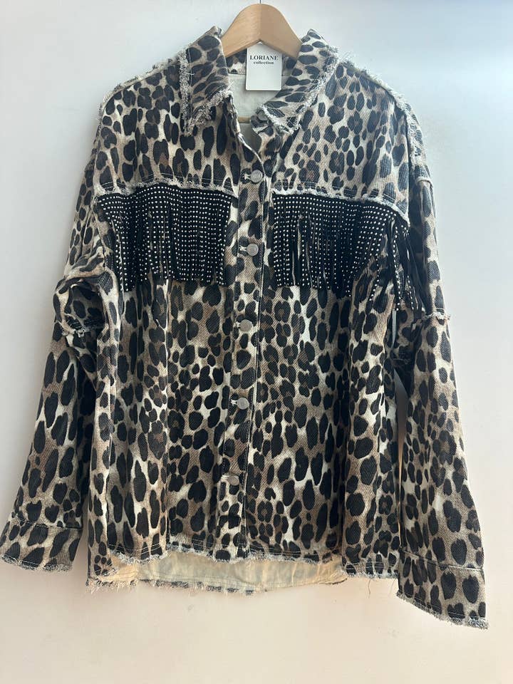 Beige 7310 Leopard print denim jacket with fringes for wholesale on Faire5
