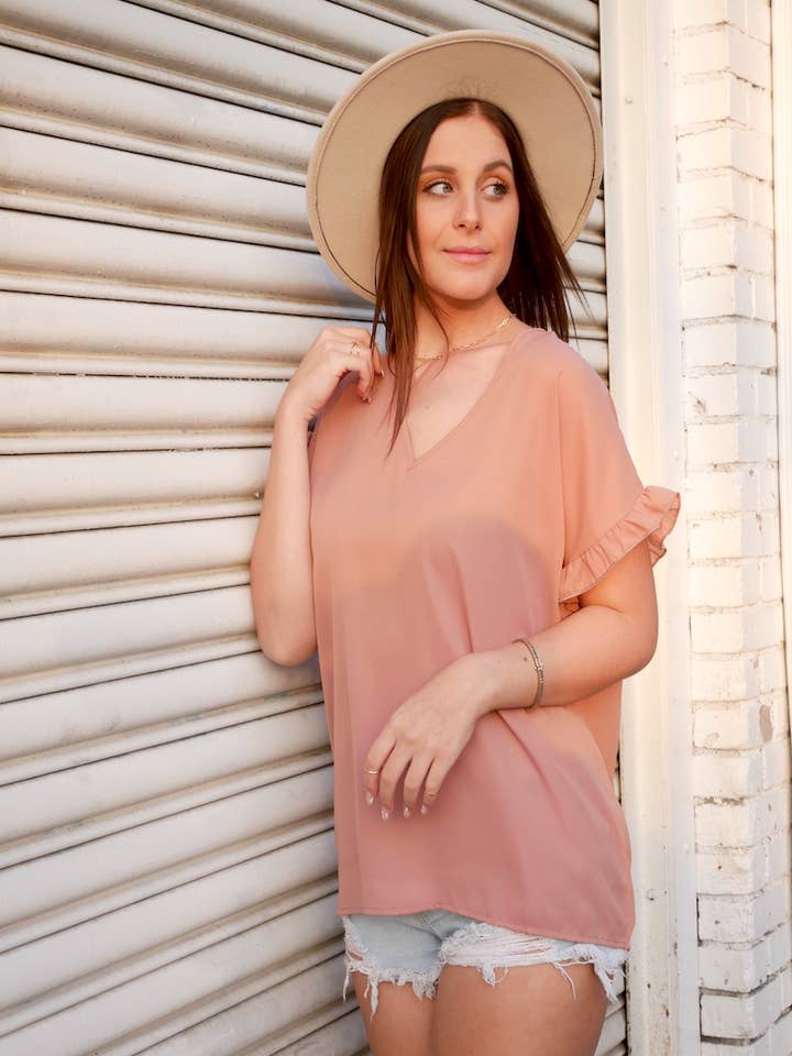 Wool Dobby Top met ruches en mouwen, S-XL voor wholesale door 24-Hrs Fashion