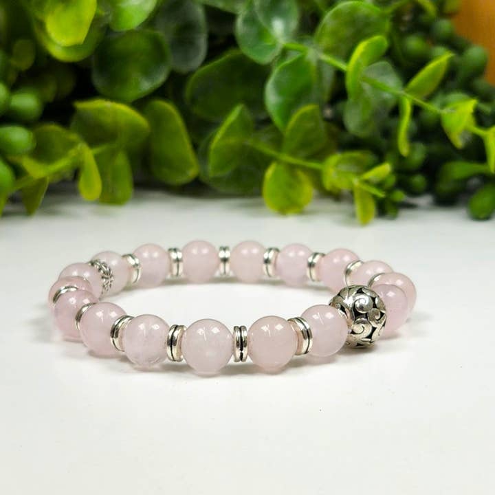 UNCONDITIONAL LOVE - 8mm Rose Quartz Bracelet w/Silver Color for wholesale by Meraki Gemstones