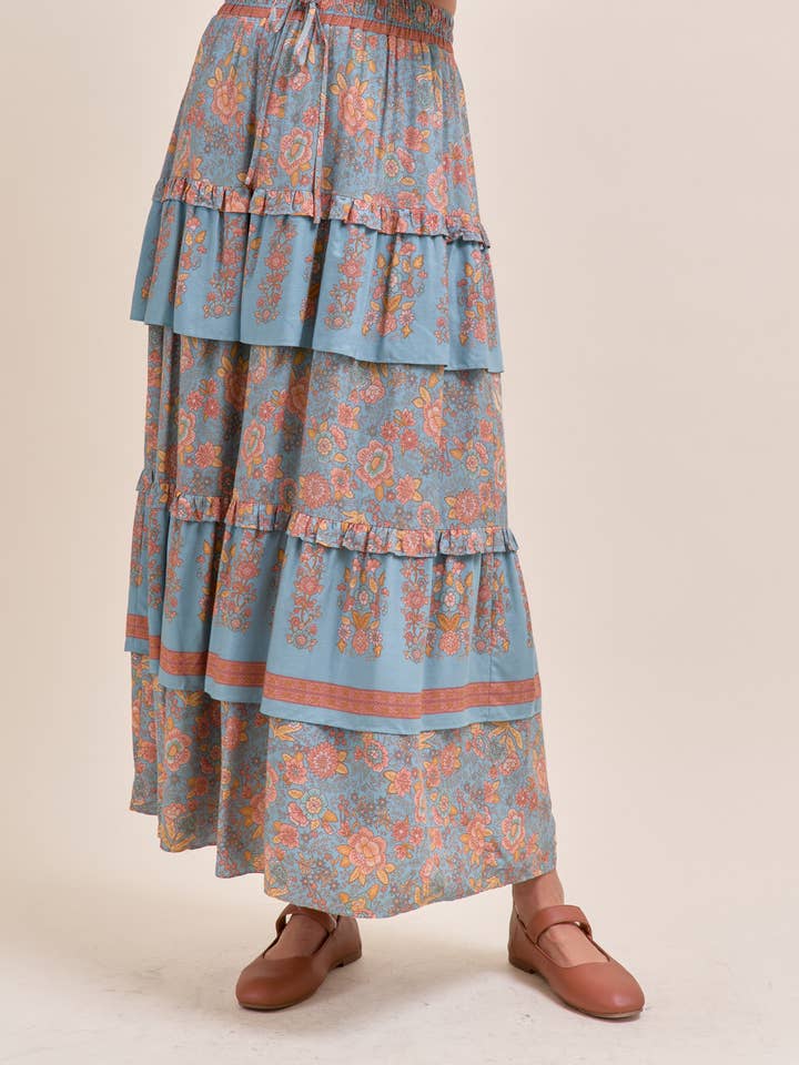 &MERCI - Wholesale Skirt - Women's - RUFFLE TIERED BORDER PRINT MIDI SKIRT MSK416613