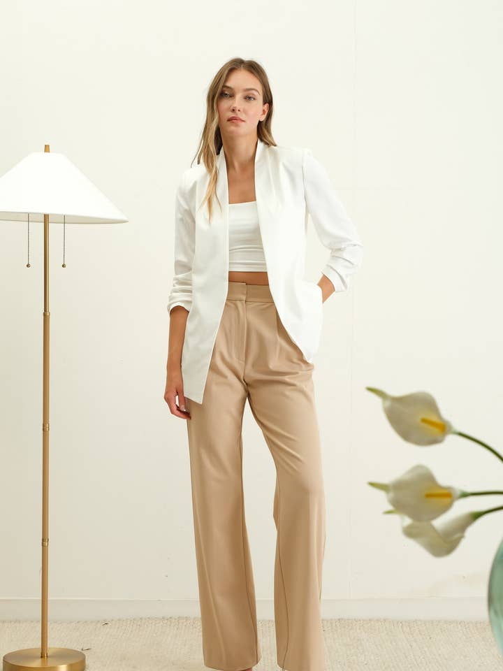 The Workshop Studio - Wholesale Blazer - Women's - COLLARLESS 3/4 RUCHED SLEEVE LONGLINE BLAZER