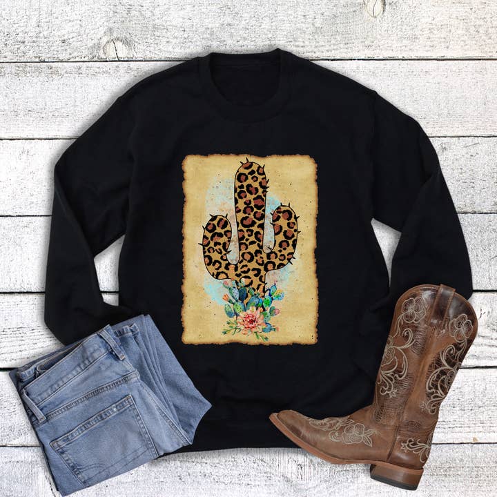 Western Leopard Kaktus Boho Ramme Sweatshirt for engroshandel hos Rebel Rose