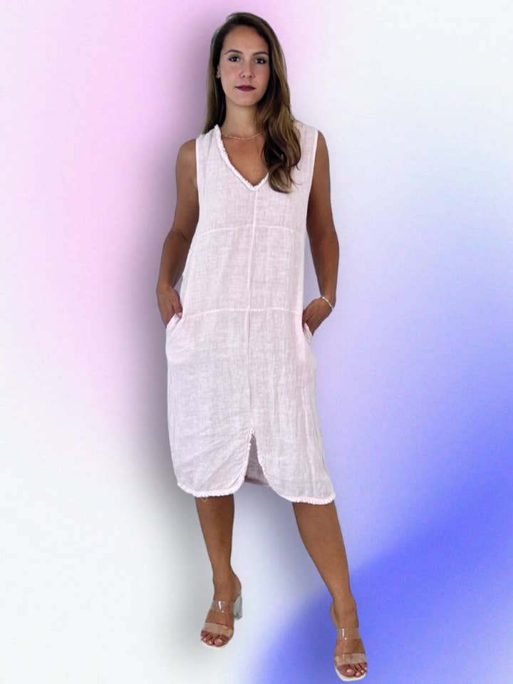 REF 27156 FRINGED DRESSES SLEEVED SILK 100% LINEN for wholesale by Linen & More