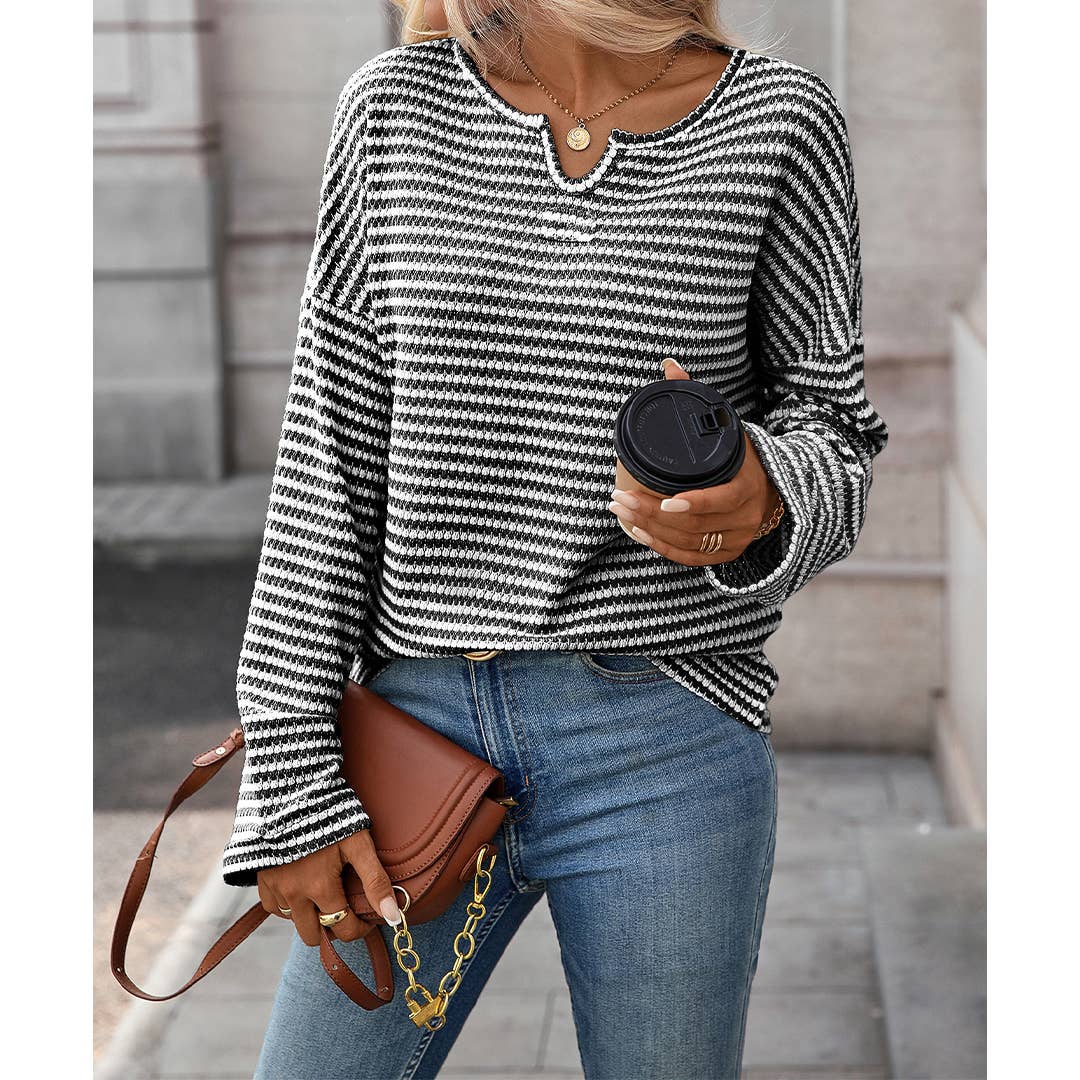 UNISHE - Wholesale Blouse - Women's - Striped Waffle Knit Long Sleeve Top MD23719