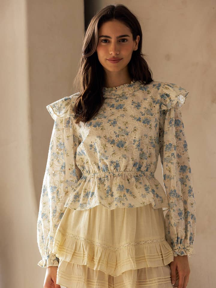 JT7440 - FLORAL EMBROIDERED PEPLUM TOP for wholesale by STORIA