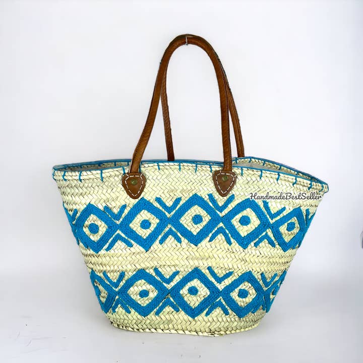 Natural Woven French Basket Tote Bag - Straw Bag Leather for wholesale by HandmadeBestSeller