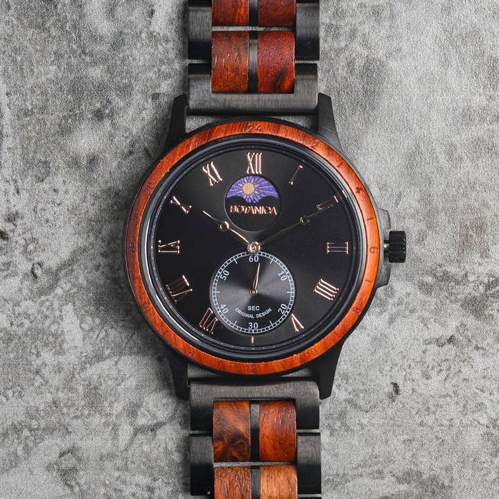 Montre en bois de quartz pour hommes avec bois de rose et acier inoxydable noir | SOMMET pour la vente par Bear Essentials