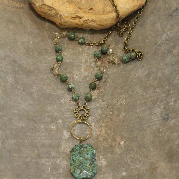 The Primitive Peddler, Inc. - Wholesale Pendant/Charm Necklace - Bohemian Jasper & Stone Drop Necklace
