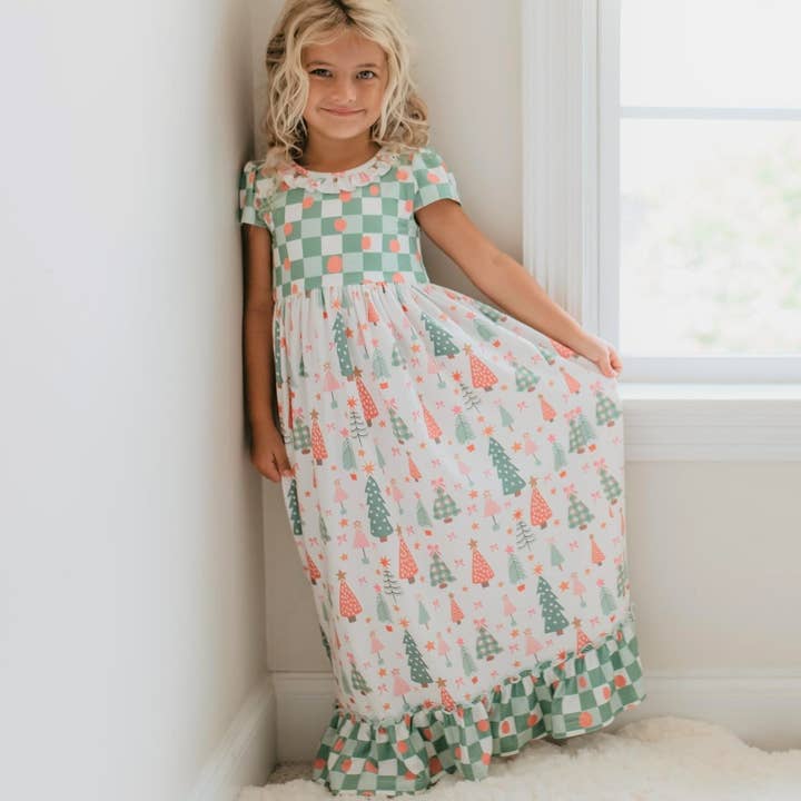 Oopsie Daisy - Wholesale Nightdress - Kids - Kids Christmas Holiday Check Tree Ruffle Lounge Play Gown